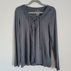 AE Soft & Sexy Gray Lace Trim Lace Up Long Sleeve Top
